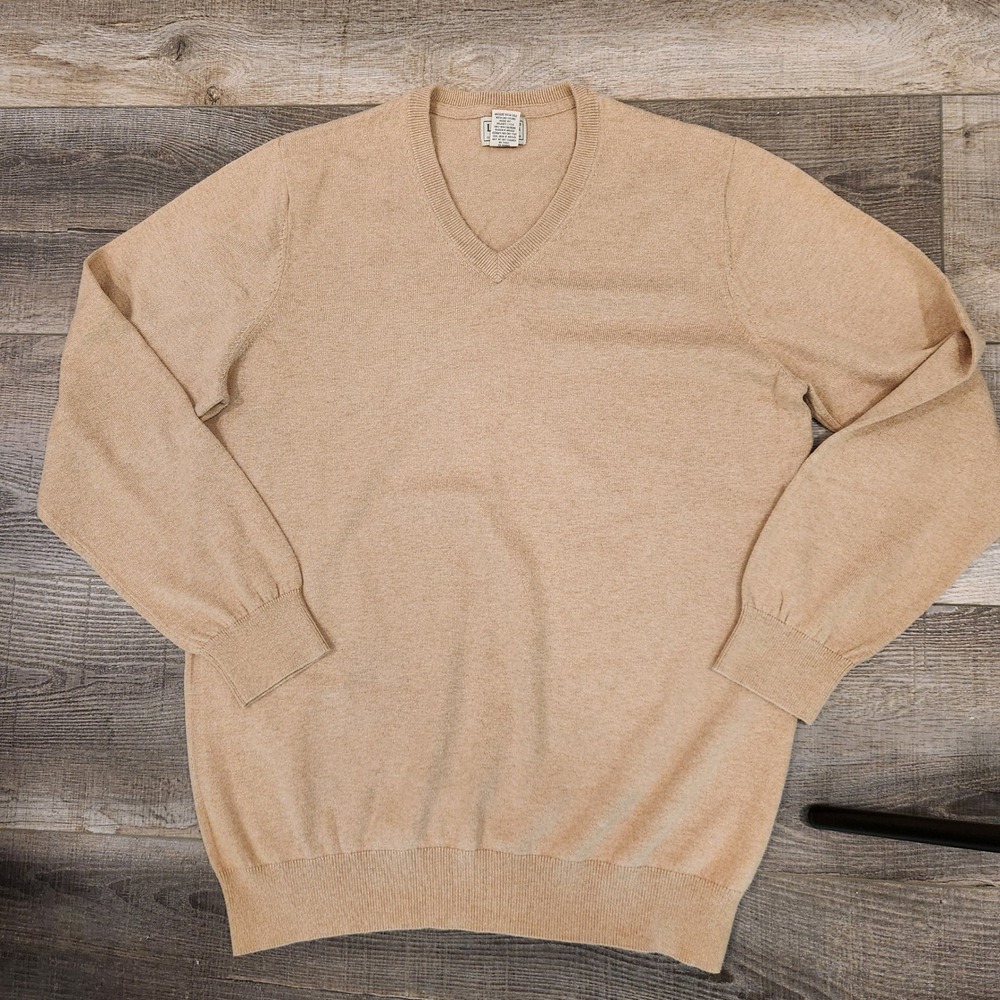 LL Bean Sweater Mens L Tall Tan V-Neck Cotton Cashmere Blend Preppy Quiet Luxury